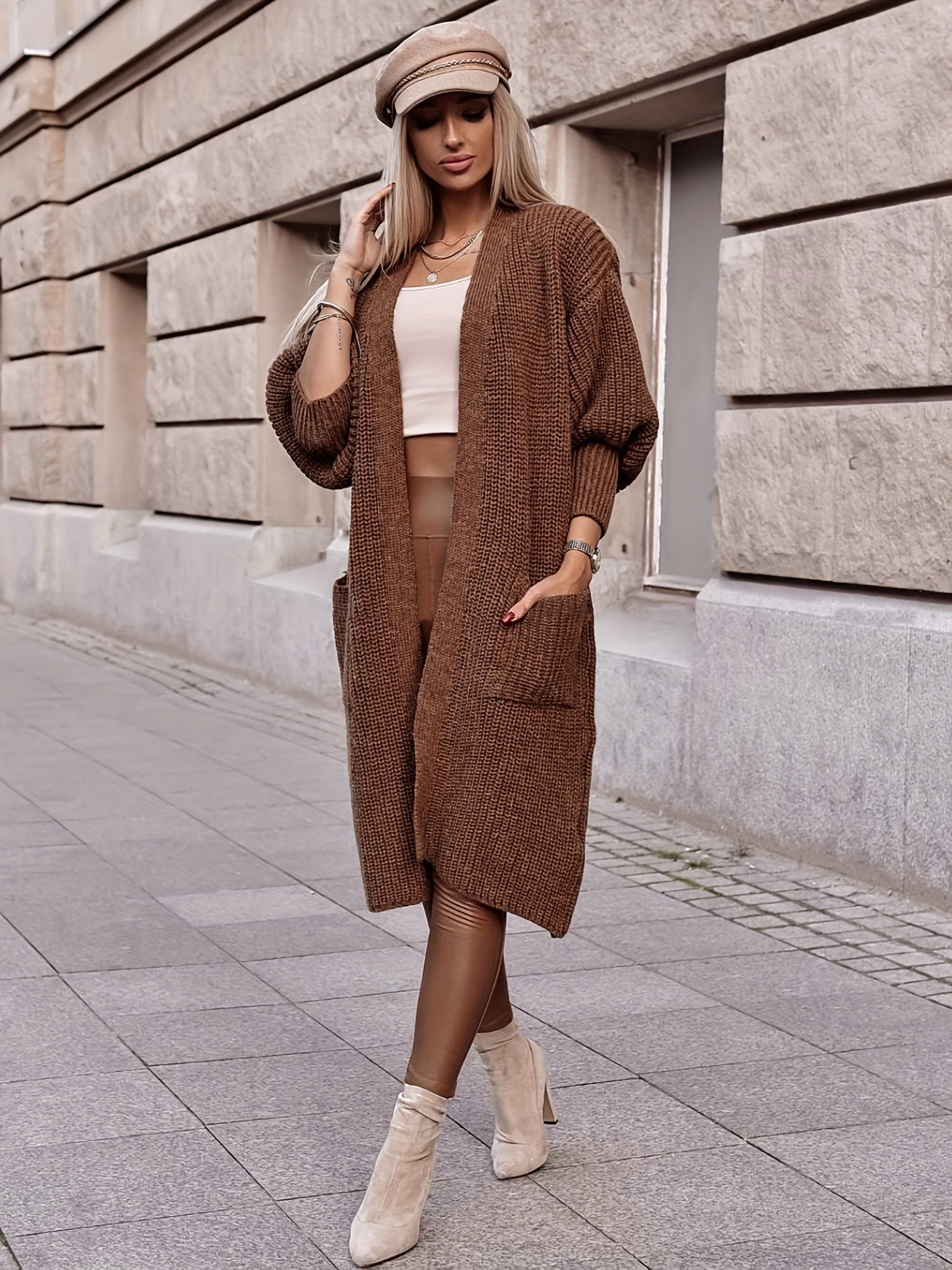 Lantern Sleeve Long Cardigan With Pockets