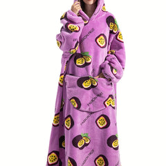 Passion Fruit Print Lounge Robe Long Sleeve Hooded Fuzzy Lounge Robe