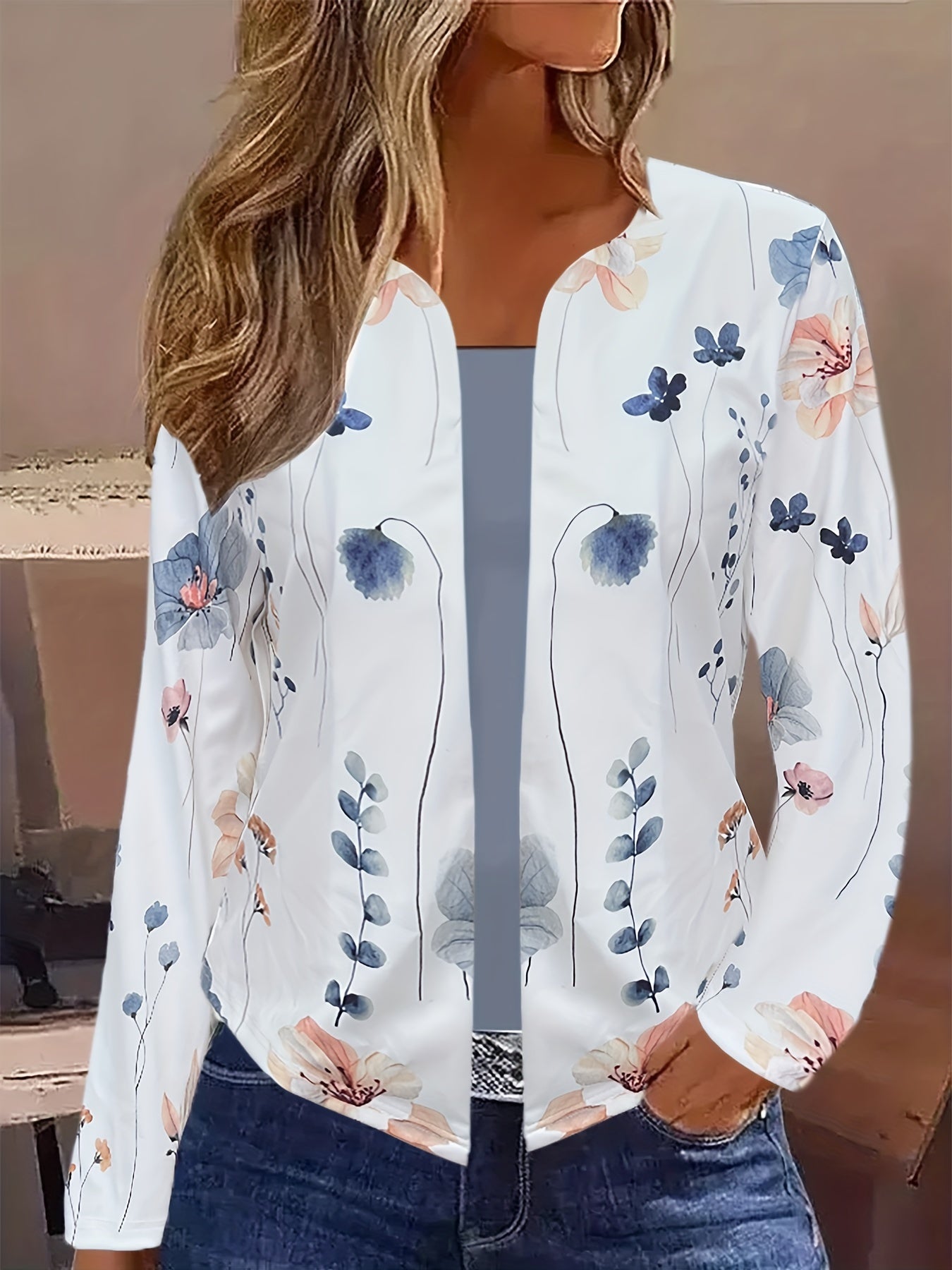 Floral Open Front Jacket Long Sleeve Casual Spring Fall Women's Clothing