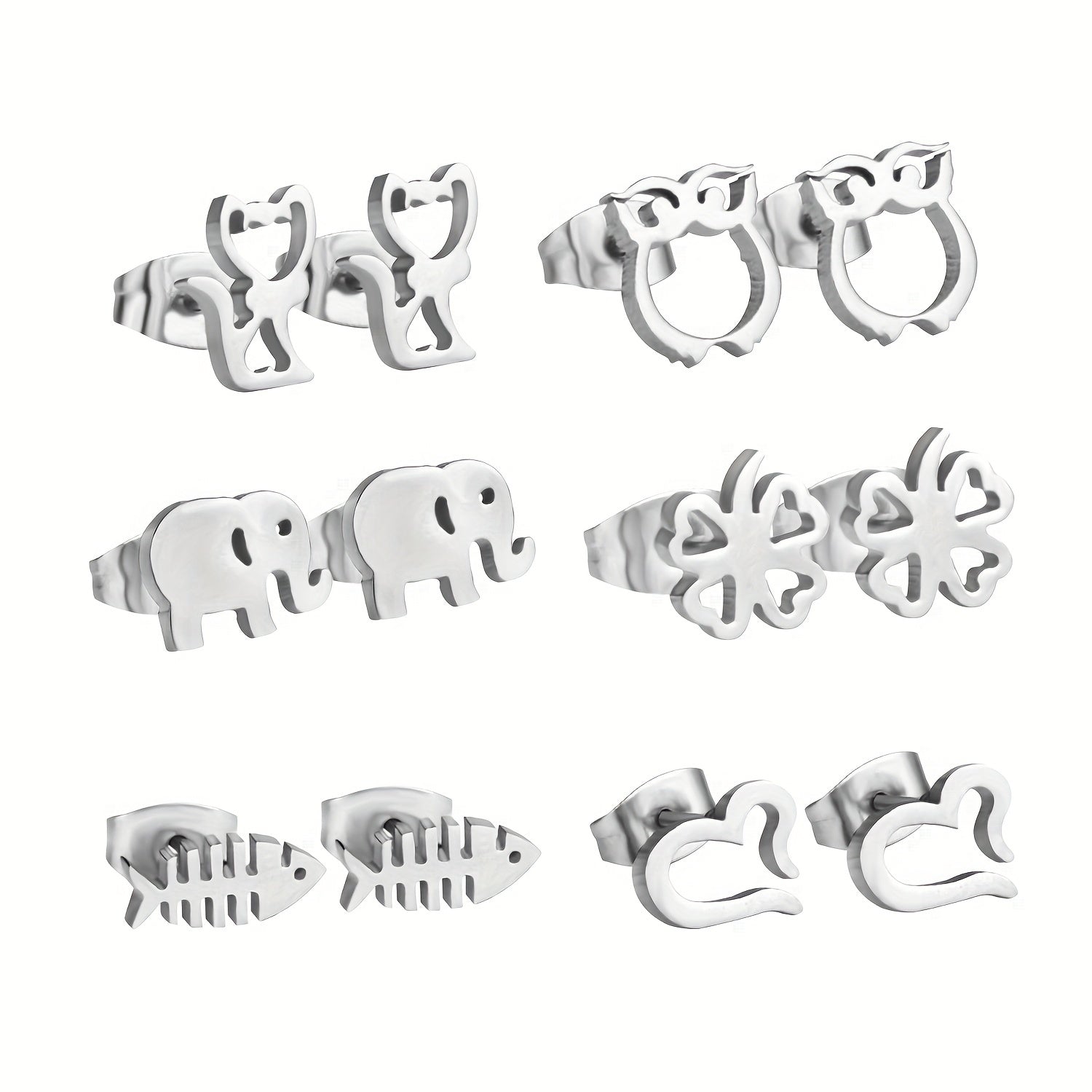 6Pairs Box Stainless Steel Cat Clover Heart Stud Earrings Set For Girls