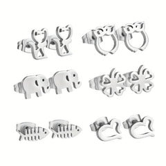 6Pairs Box Stainless Steel Cat Clover Heart Stud Earrings Set For Girls