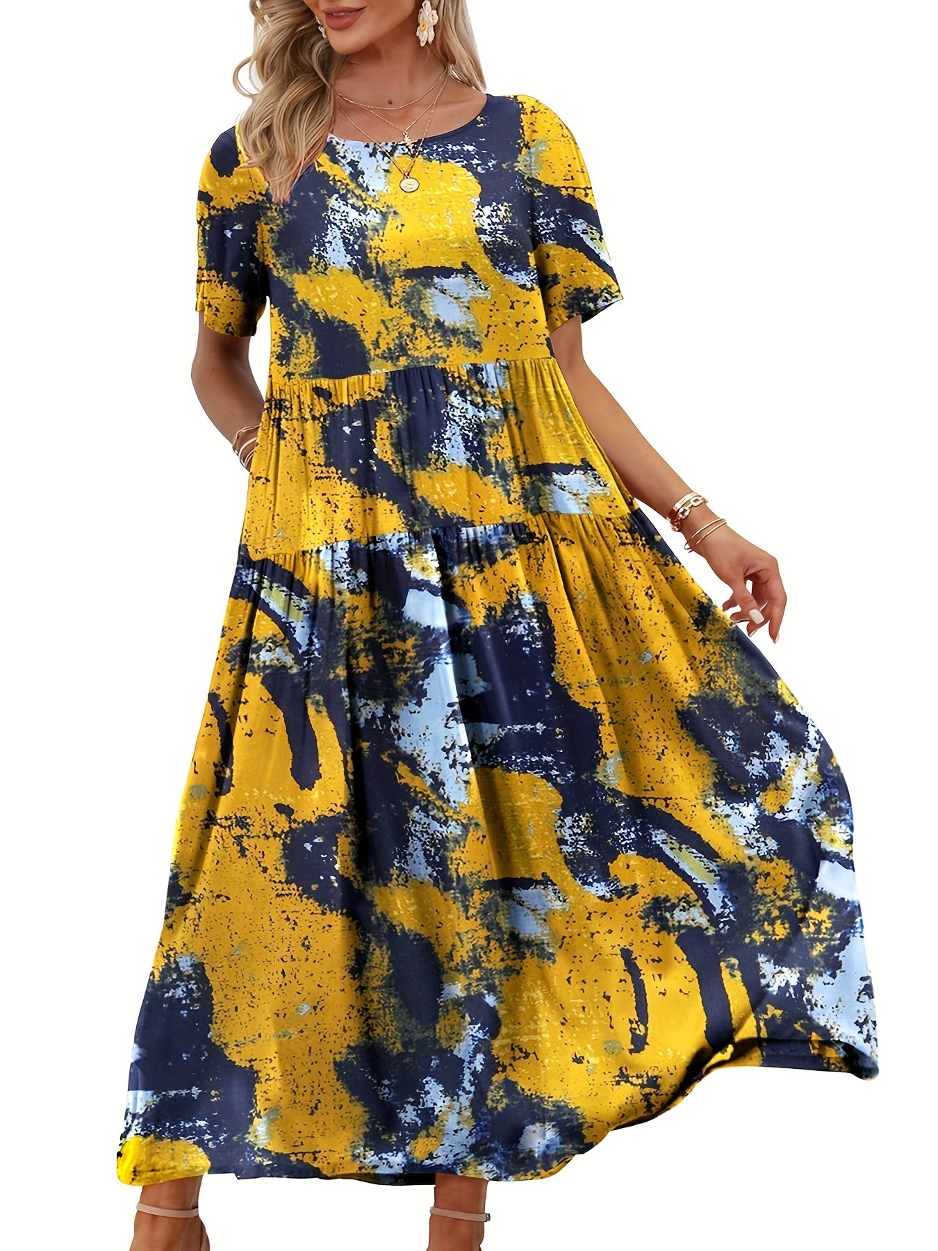 Tie Dye Short Sleeve Maxi Smock Dress