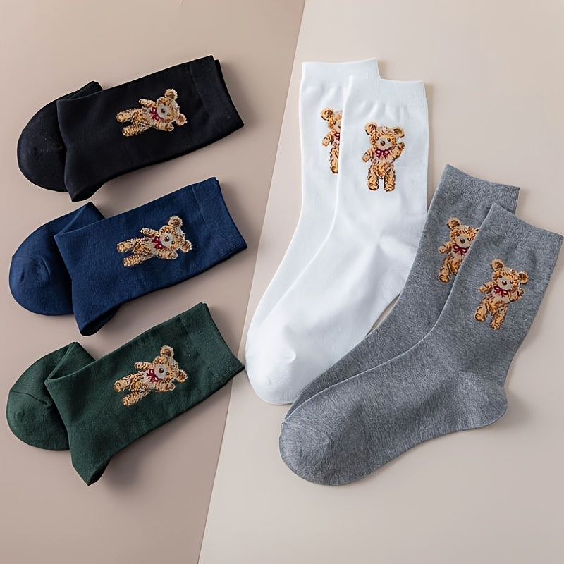 5 Pairs Cartoon Bear Print Socks Women's Stockings & Hosiery