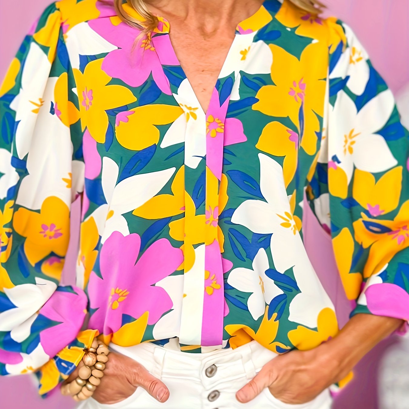 Floral Print Lantern Sleeve Notched Neck Tunic Top