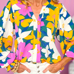 Floral Print Lantern Sleeve Notched Neck Tunic Top