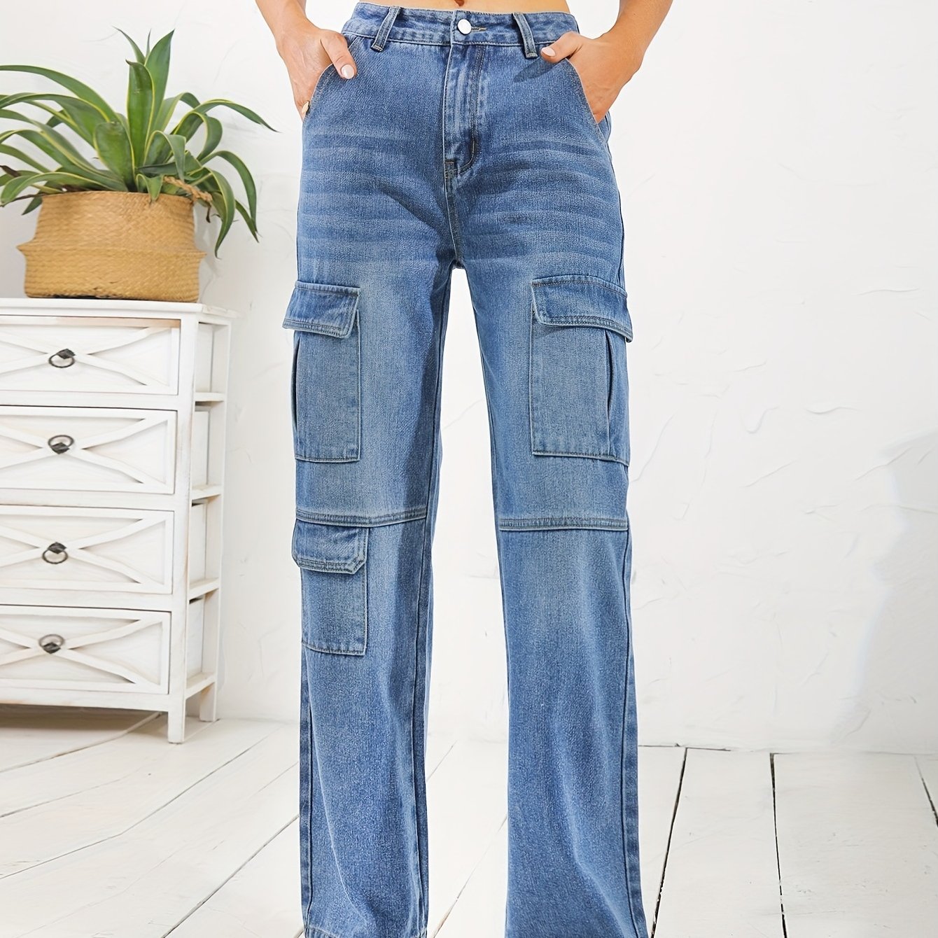Cargo Pocket Whiskering Denim Pants Loose Straight Leg Jeans