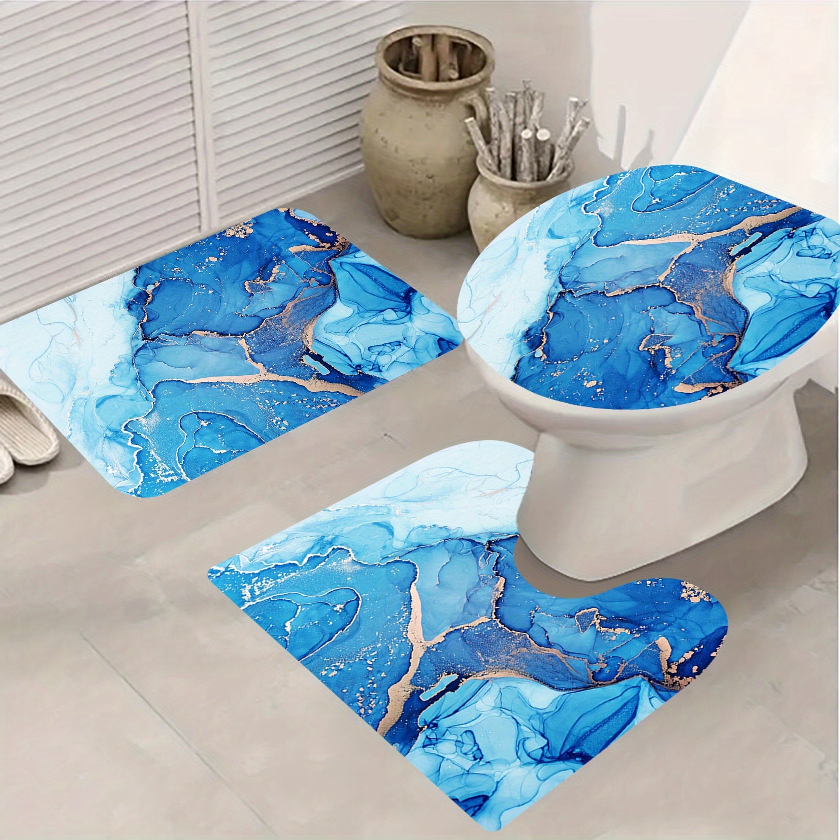 4pcs Waterproof Marble Shower Curtain Set with Non Slip Mat & Rug