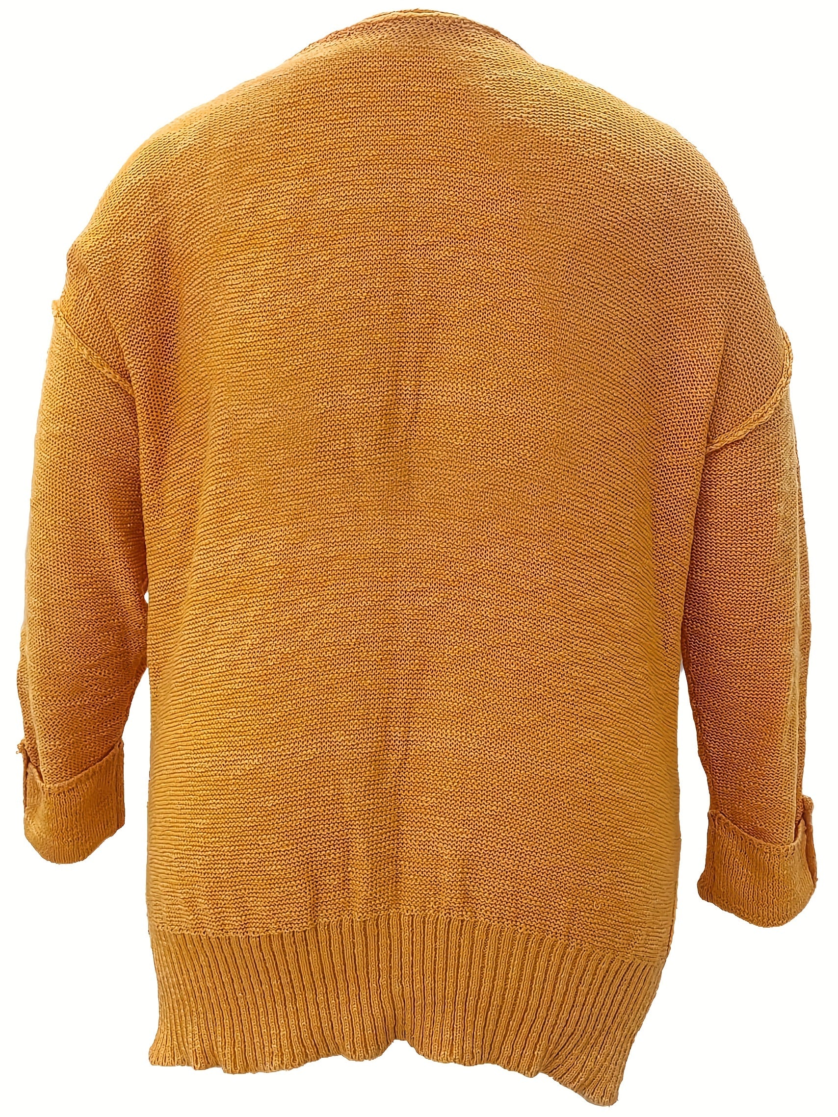 Casual Knit Top Women's Plus Solid Stitching Button Up Long Sleeve