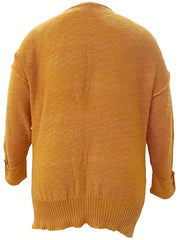 Casual Knit Top Women's Plus Solid Stitching Button Up Long Sleeve