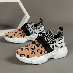 Leopard Print Platform Sneakers Knit Lace Up Outdoor Shoes