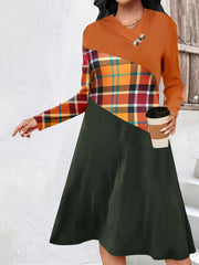 Colorblock Plaid Print V-Neck Dress