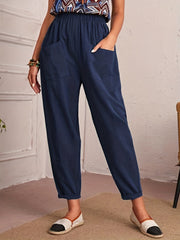 Ruched Elastic Waist Pants Solid Casual Pocket Front Pants