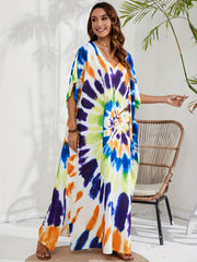 Boho Tie Dye Batwing Sleeve V Neck Kaftan Cover Up Dress