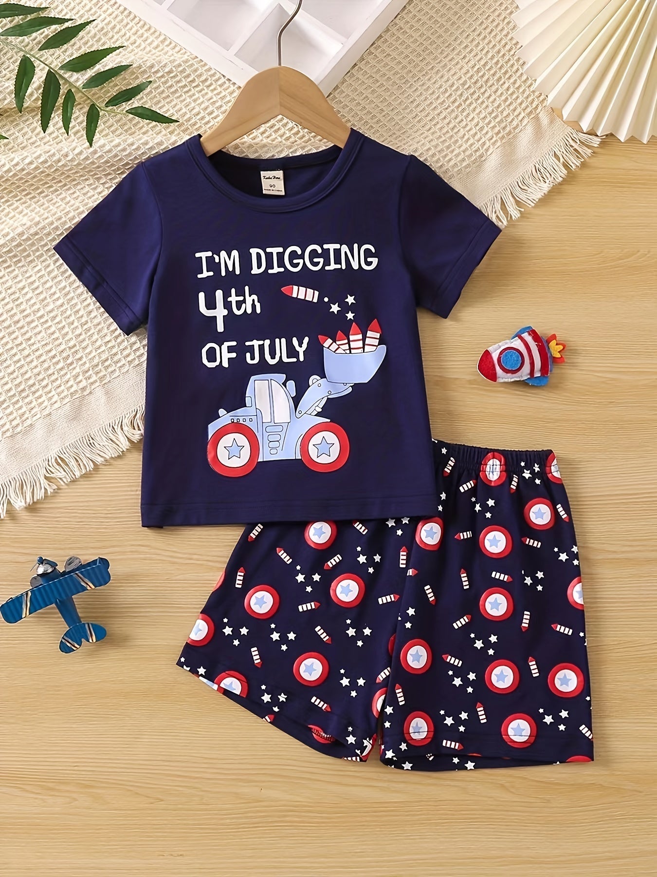 4th Of July Excavator & Rocket Print Pajamas Set Short Sleejsones Tops & Bottoms