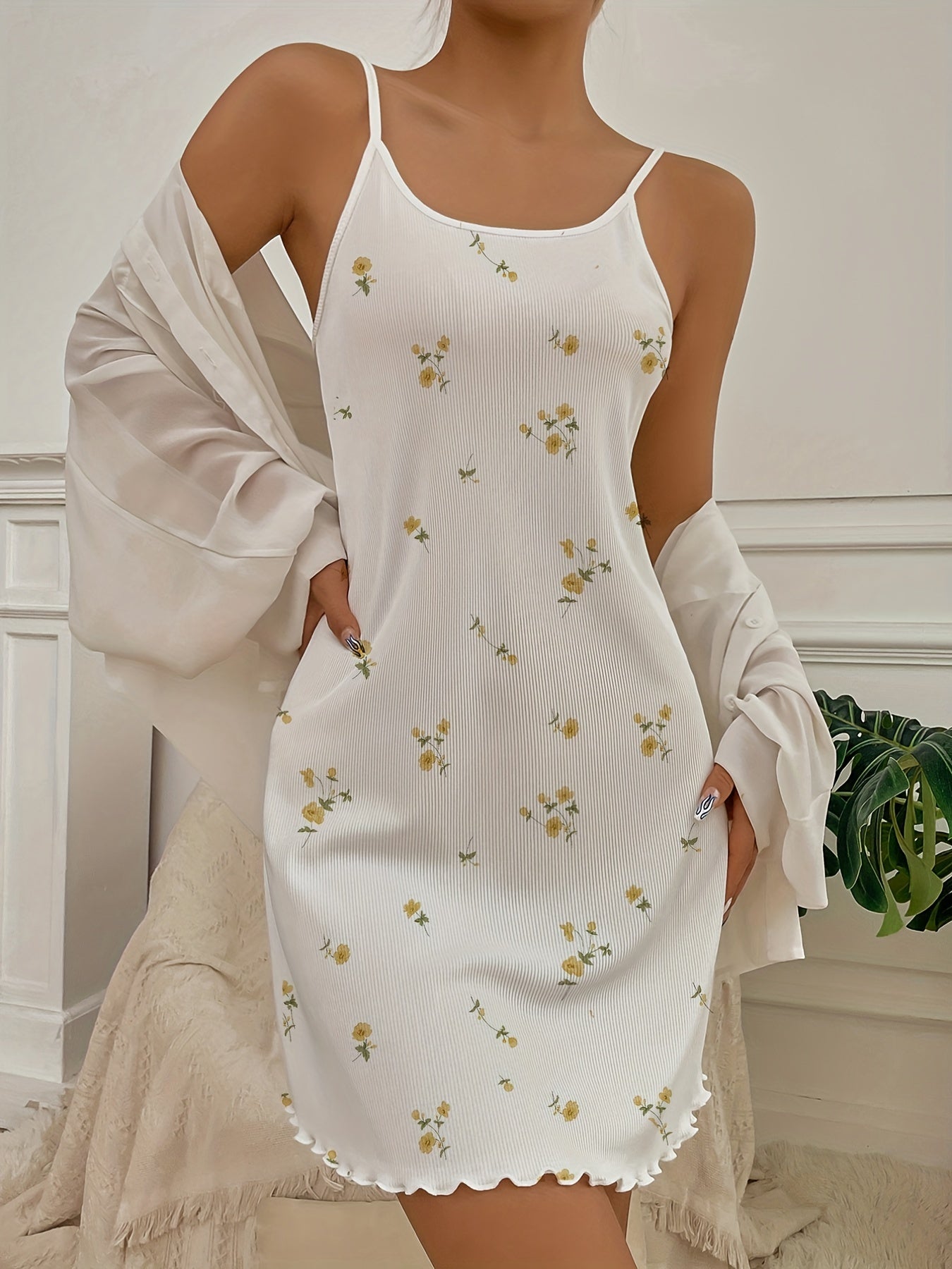 Flower Print Pajama Dress with Fungus Trim Mini Nightdress