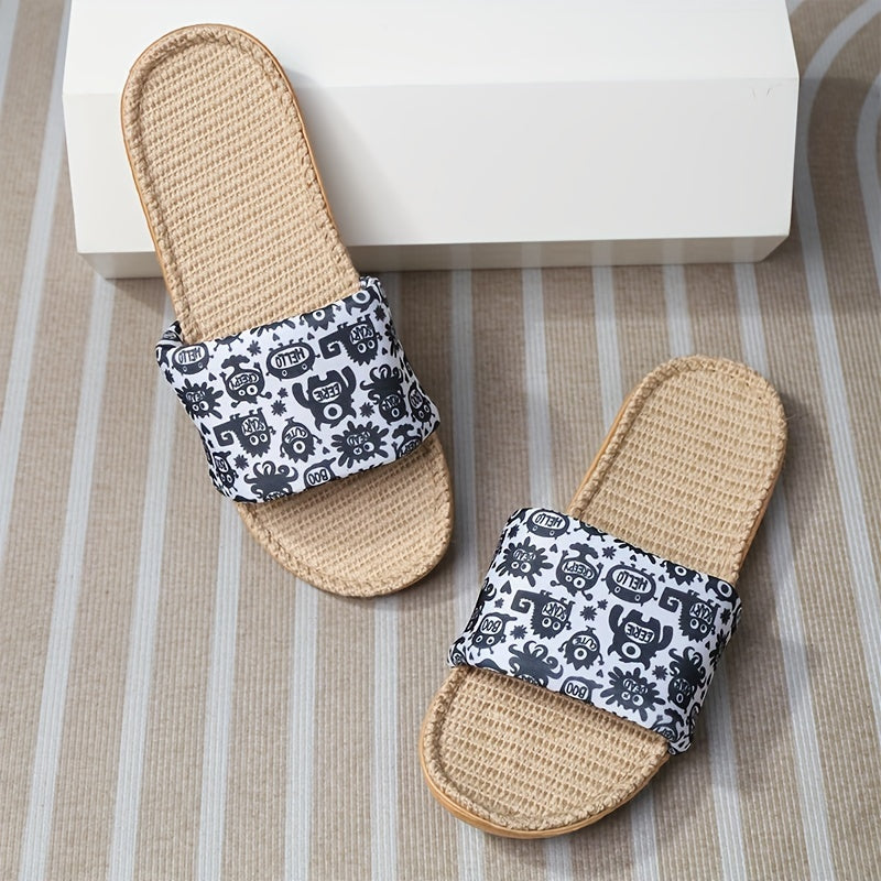 Women's Cartoon Pattern Slippers Casual Open Toe Slip On Linen Slide Sandals