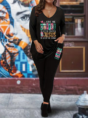 Plus Size Women's Casual 2 Piece Set Long Sleeve V Neck Top & Leggings