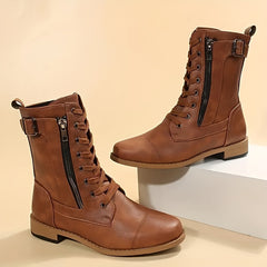 Women's Side Zip Hiking Boots Chunky Block Combat Outdoor Mid Calf Boots