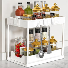 2 Tier Sliding Cabinet Basket Organizer with Hooks for Bathroom