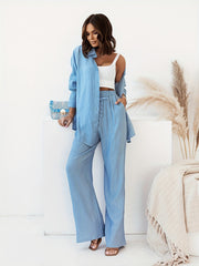 Solid Button Up Blouse & Wide Leg Pants Set