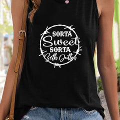 Letter Print Sleeveless Sports Vest Round Neck Stretchy Casual Tops