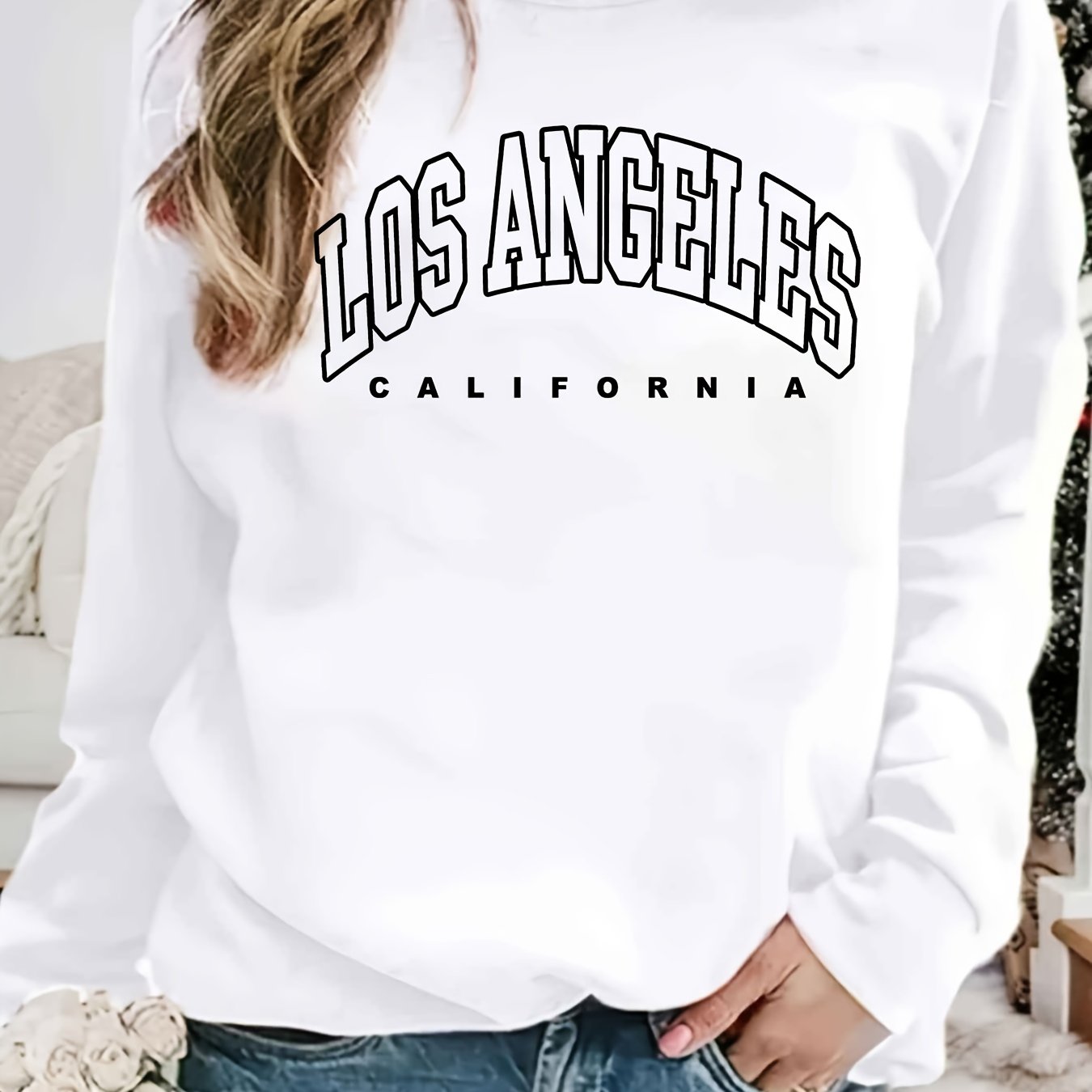 LA Print Crew Neck Sweatshirt Long Sleeve Casual Winter Fall Women's Clothing