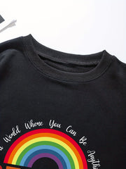 Rainbow Letter Print Pullover Sweatshirt Long Sleeve Crew Neck for Fall & Winter