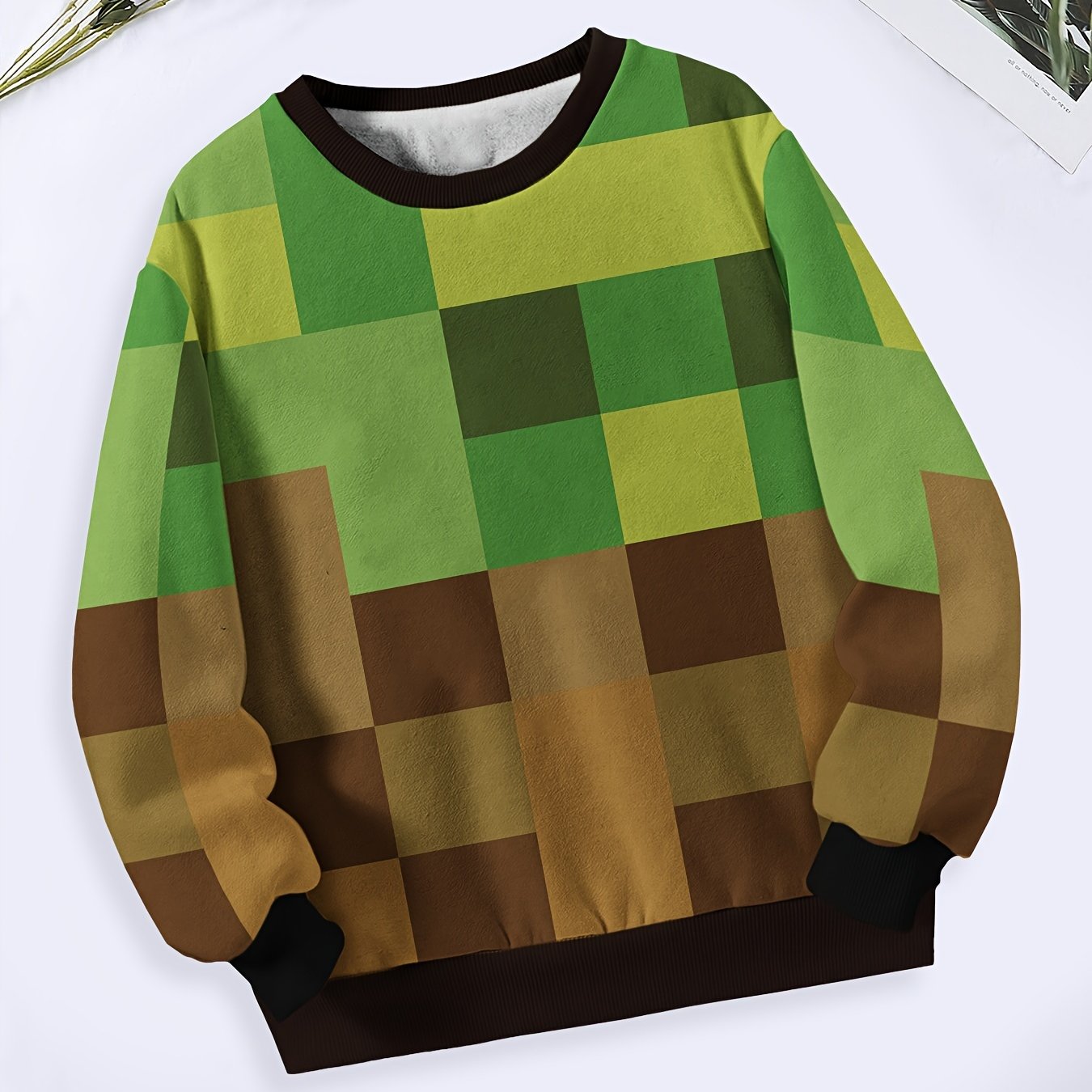 Plaid Crew Neck Pullover Sweatshirt Long Sleeve For Sports Christmas