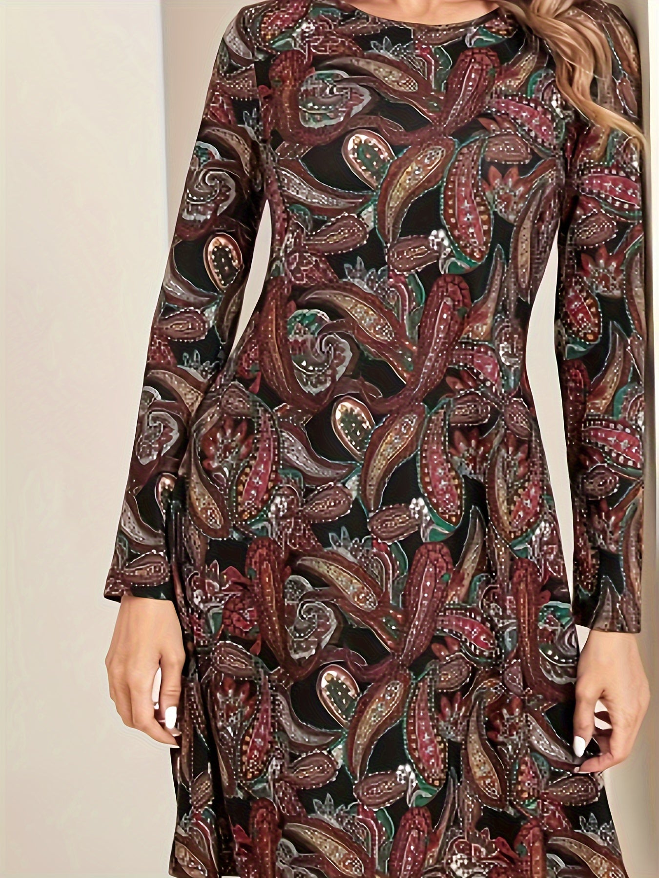 Paisley Print Long Sleeve Boho Dress