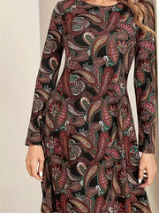 Paisley Print Long Sleeve Boho Dress