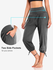 Solid Lace Up Cropped Pants Loose High Stretch Running Pants Women's Activewear