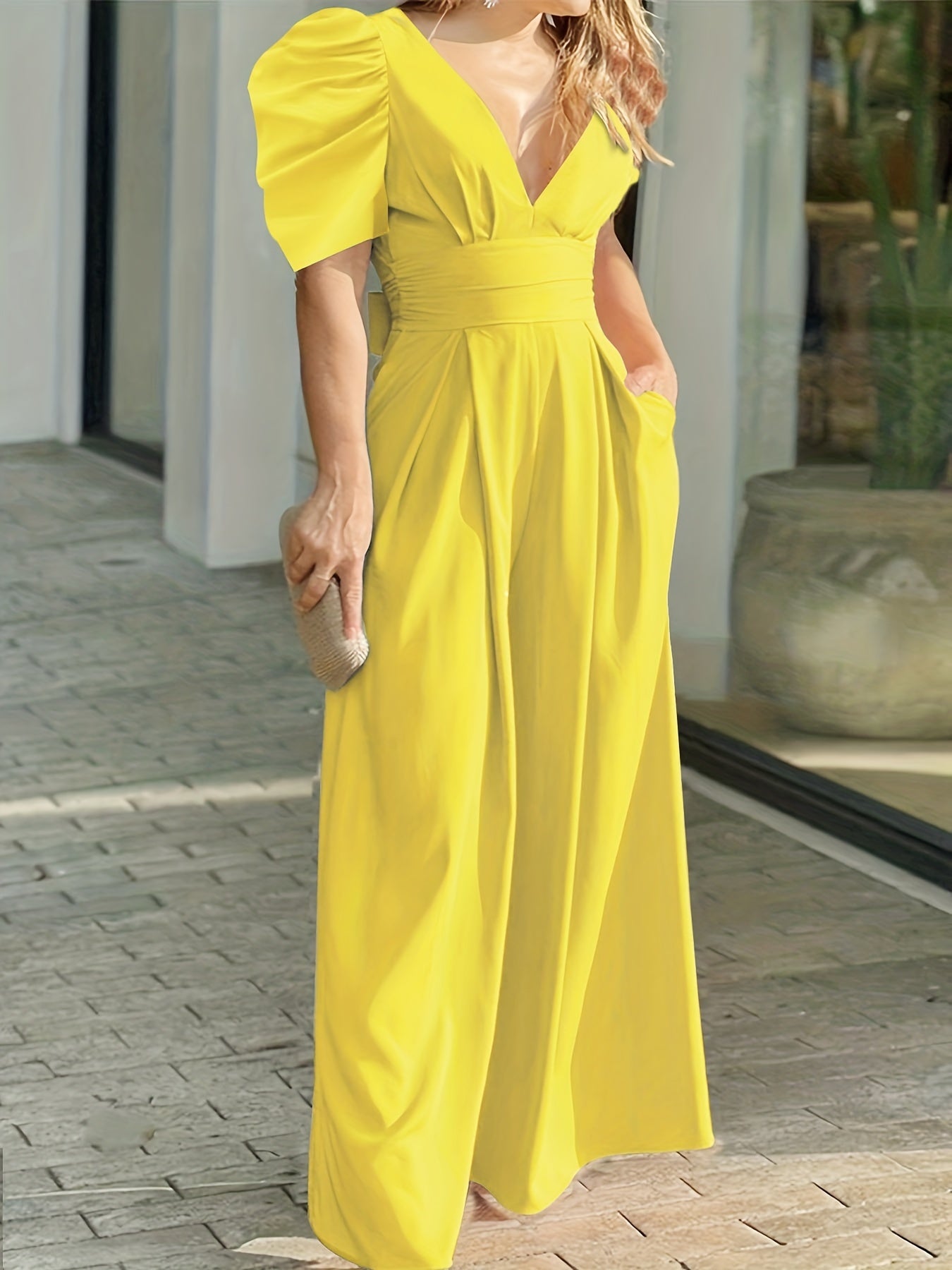 Sexy Plunging Neck Jumpsuit Ruched Short Sleeve Women's Clothing
