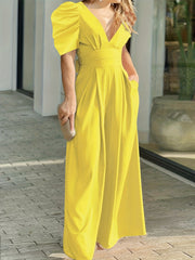 Sexy Plunging Neck Jumpsuit Ruched Short Sleeve Women's Clothing
