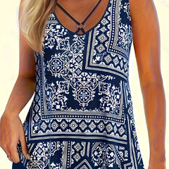 Boho Tankini Set Women's Plus Scarf Print Round Neck Tank Top & Shorts Swimsuit