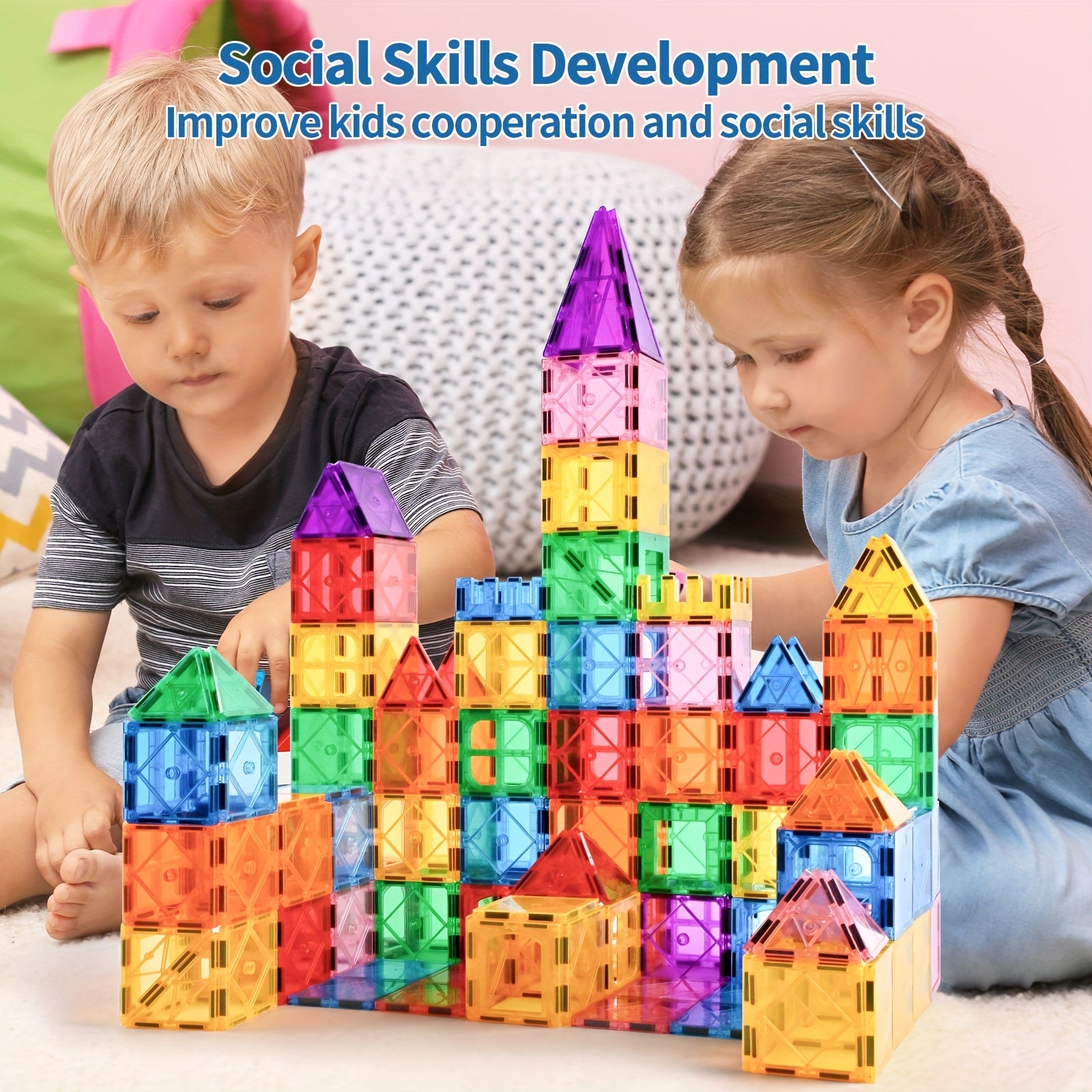 63pcs Kids Magnetic Tiles 3D Building Blocks Set Educational Toys - Boys & Girls