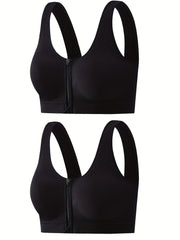 2 Pack Plus Size Sports Bra Zipper Front Stretch Shockproof Bra Set