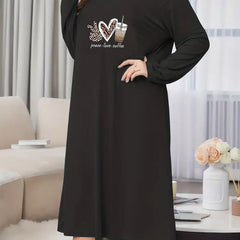 Heart & Coffee Print Long Sleeve Nightdress