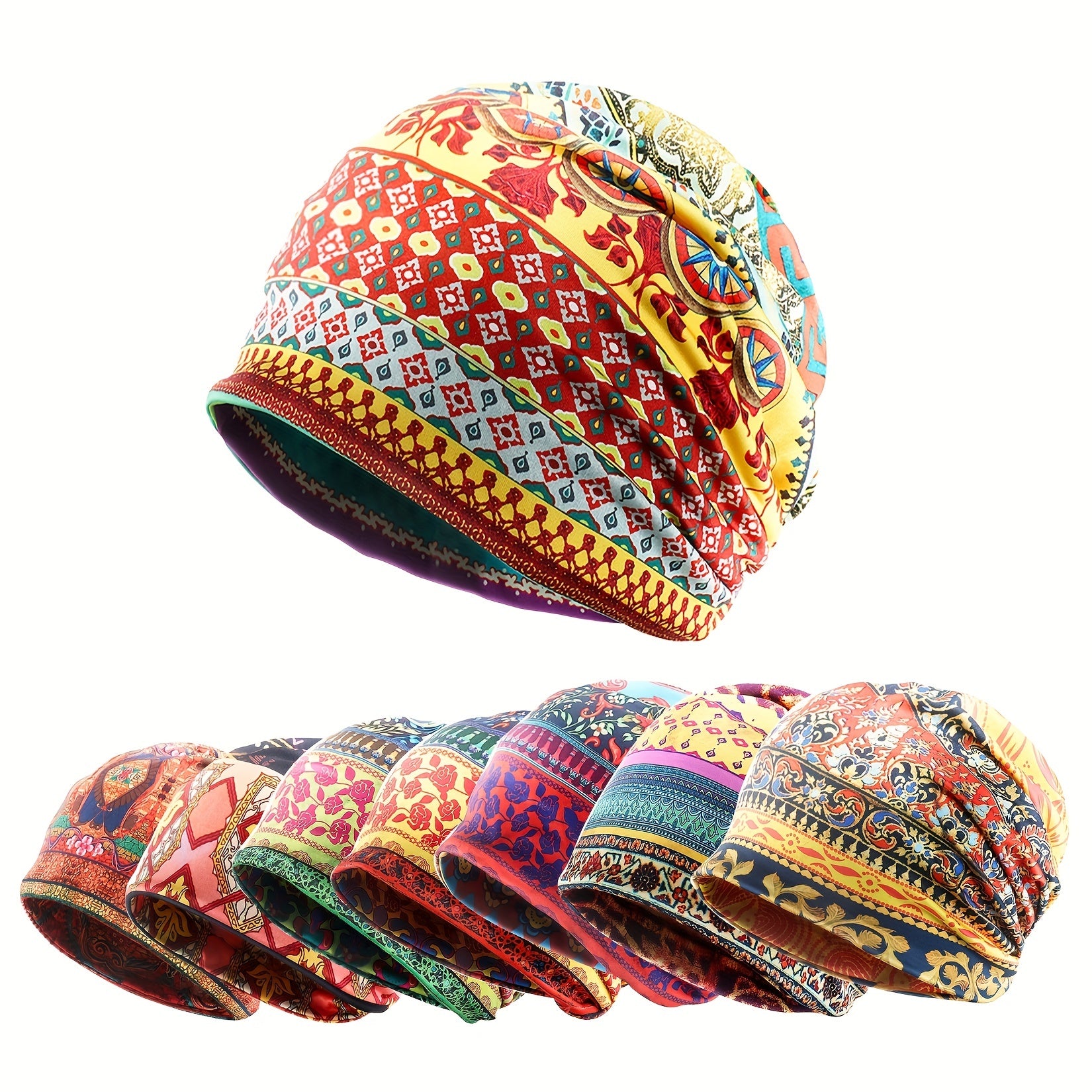 Boho Floral Print Beanie Vintage Lightweight Skull Cap Women Men