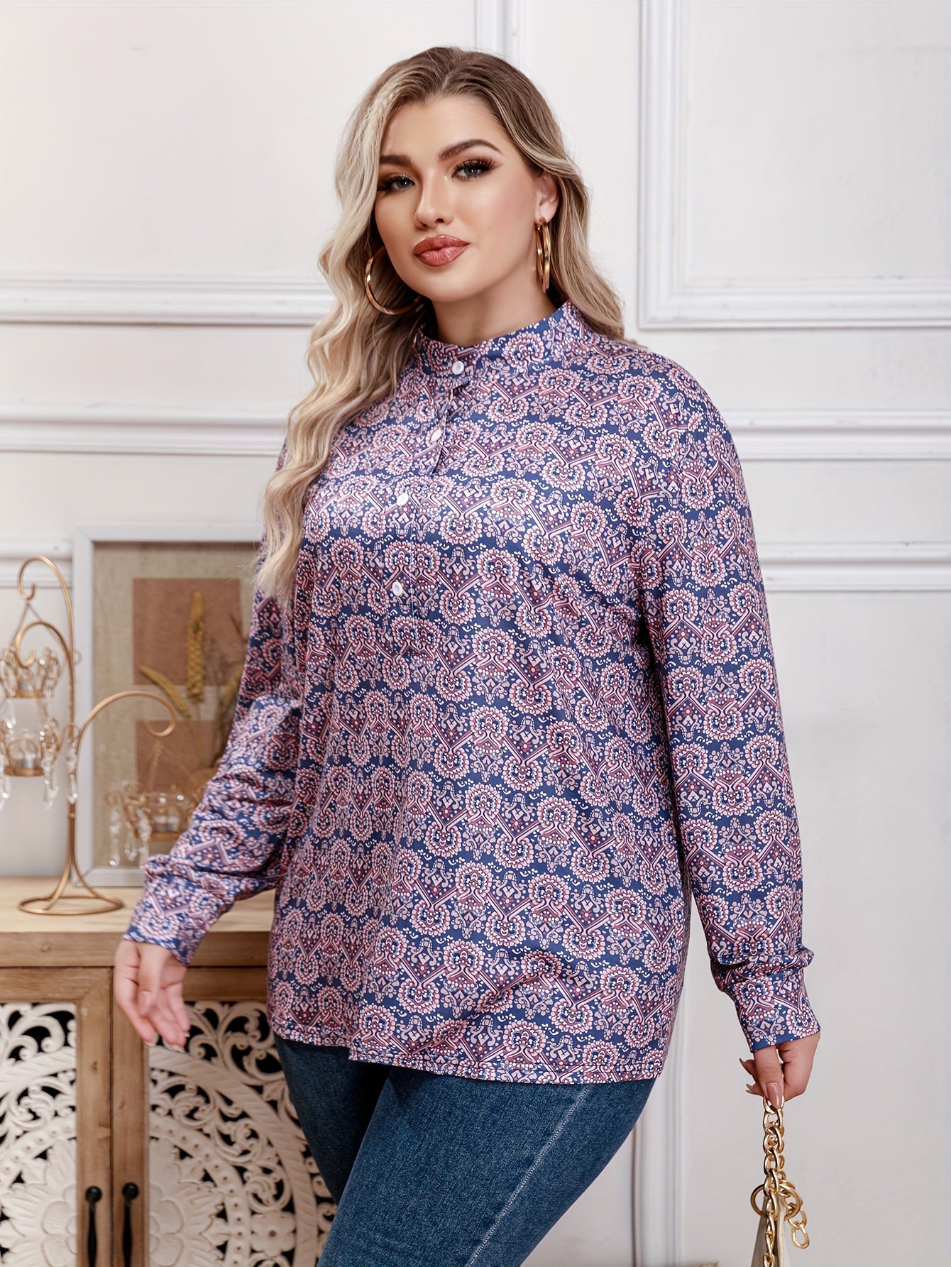 Boho Blouse Women's Plus Allover Print Mock Neck Pullover Shirt Top