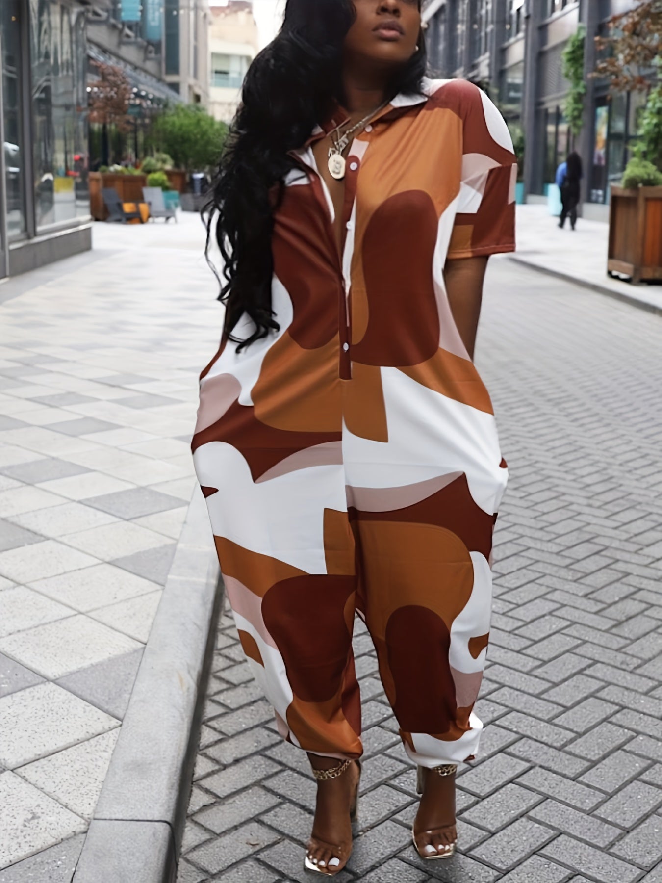 Elastic Bottom Jumpsuit Casual Short Sleeve Button Jumpsuit