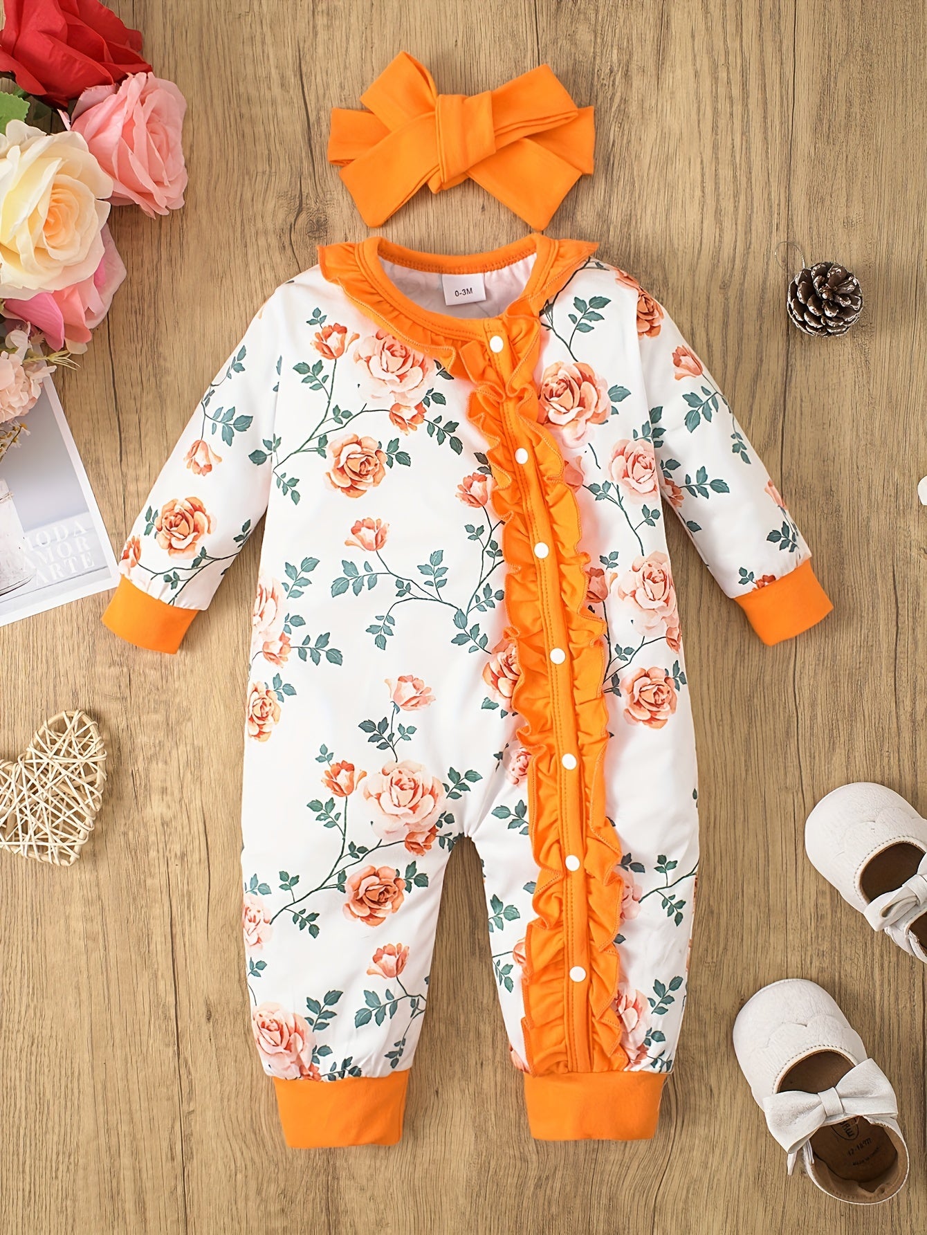 Baby Girls Floral Romper With Headscarf