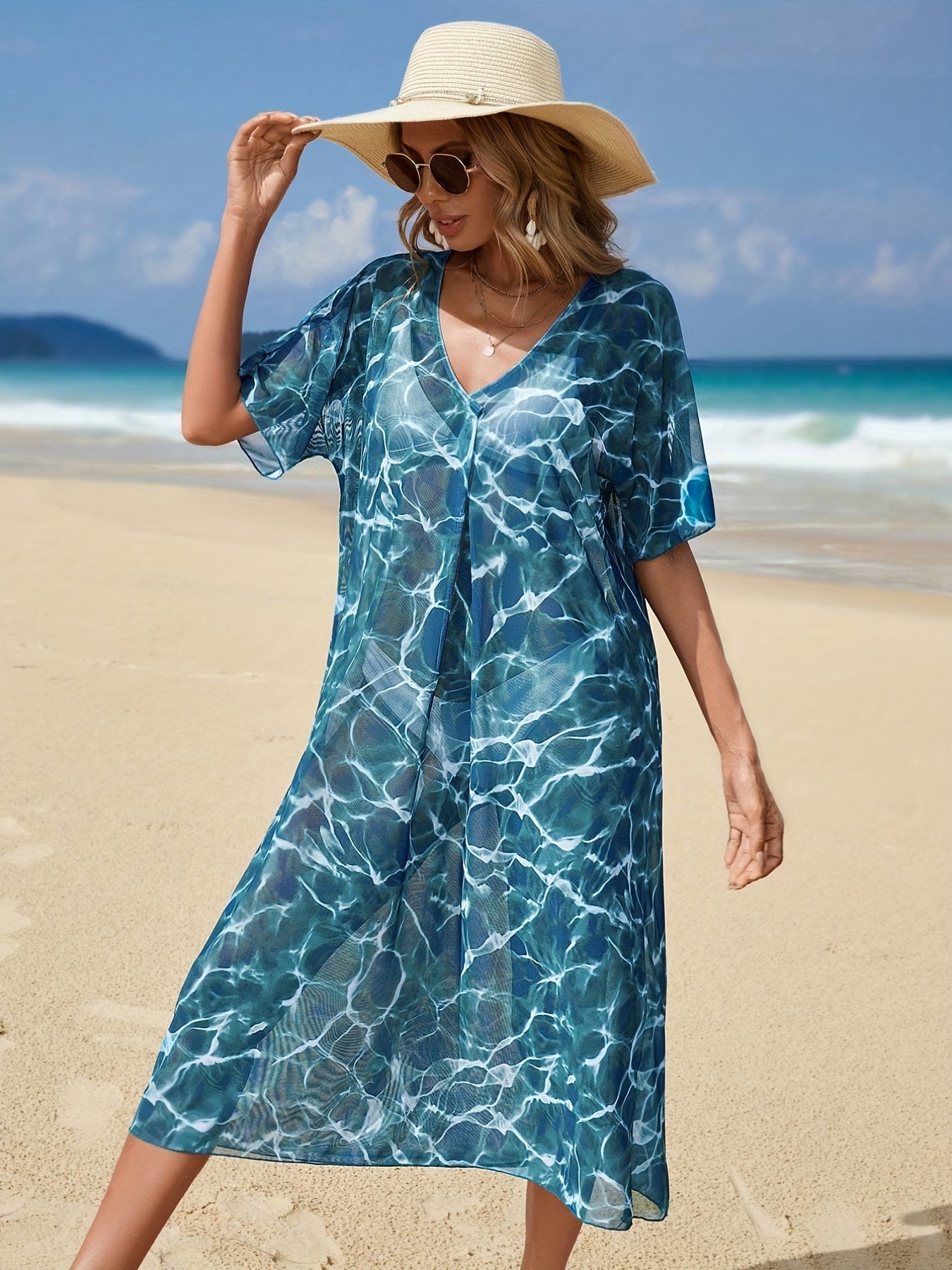 Ripple Print Cover Up Dress V Neck Short Sleeves Loose Fit Semi Sheer Beach Kaft