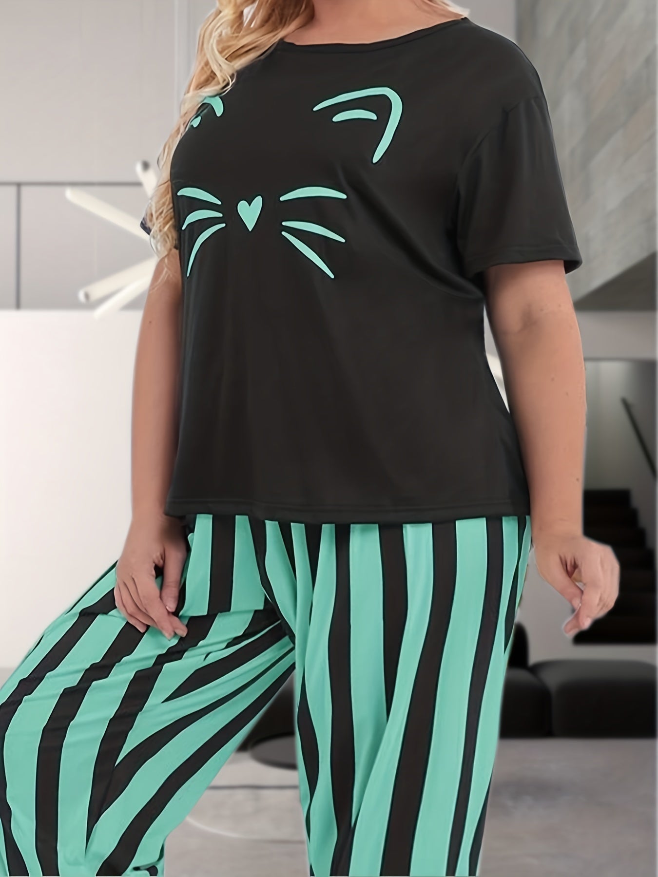 Cat Print Pajama Set Women's Plus Short Sleeve Top & Striped Pants
