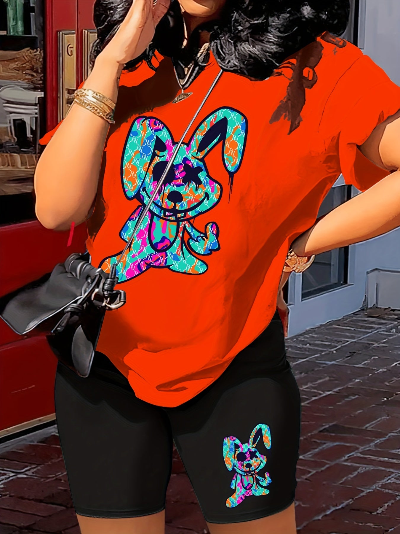 Cartoon Print 2pc Outfit Short Sleeve T Shirt & Shorts Set Women's Clothing