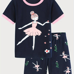 2pcs Toddler Girls Cotton Pajamas Set with Ballerina Graphic Tee & Floral Shorts