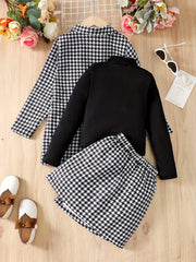 Girls' 3pcs Coat & Turtleneck Top & Skirts Set Houndstooth Print