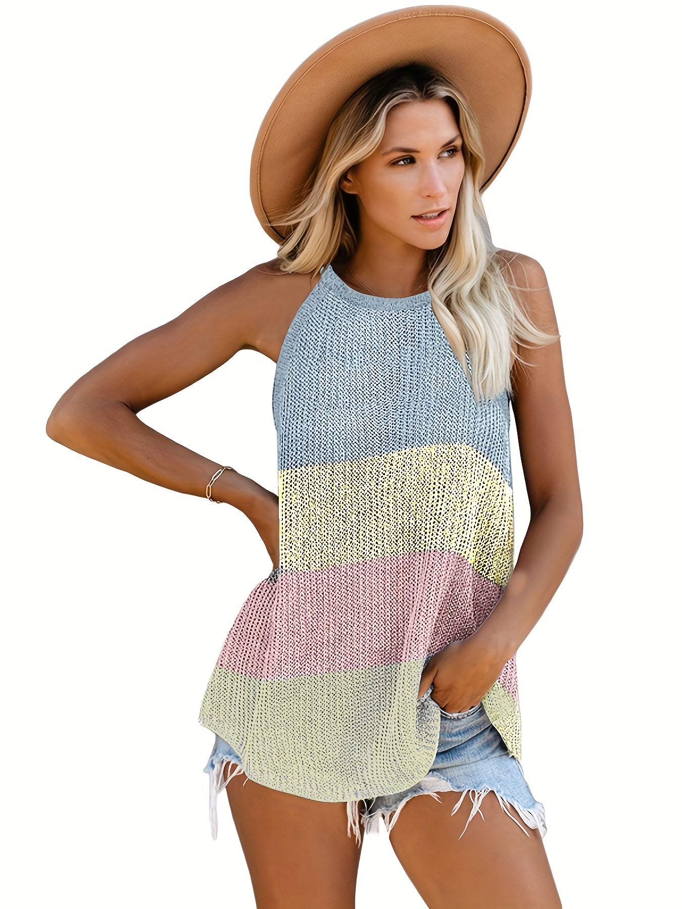 Colorblock Knitted Halter Cami Top