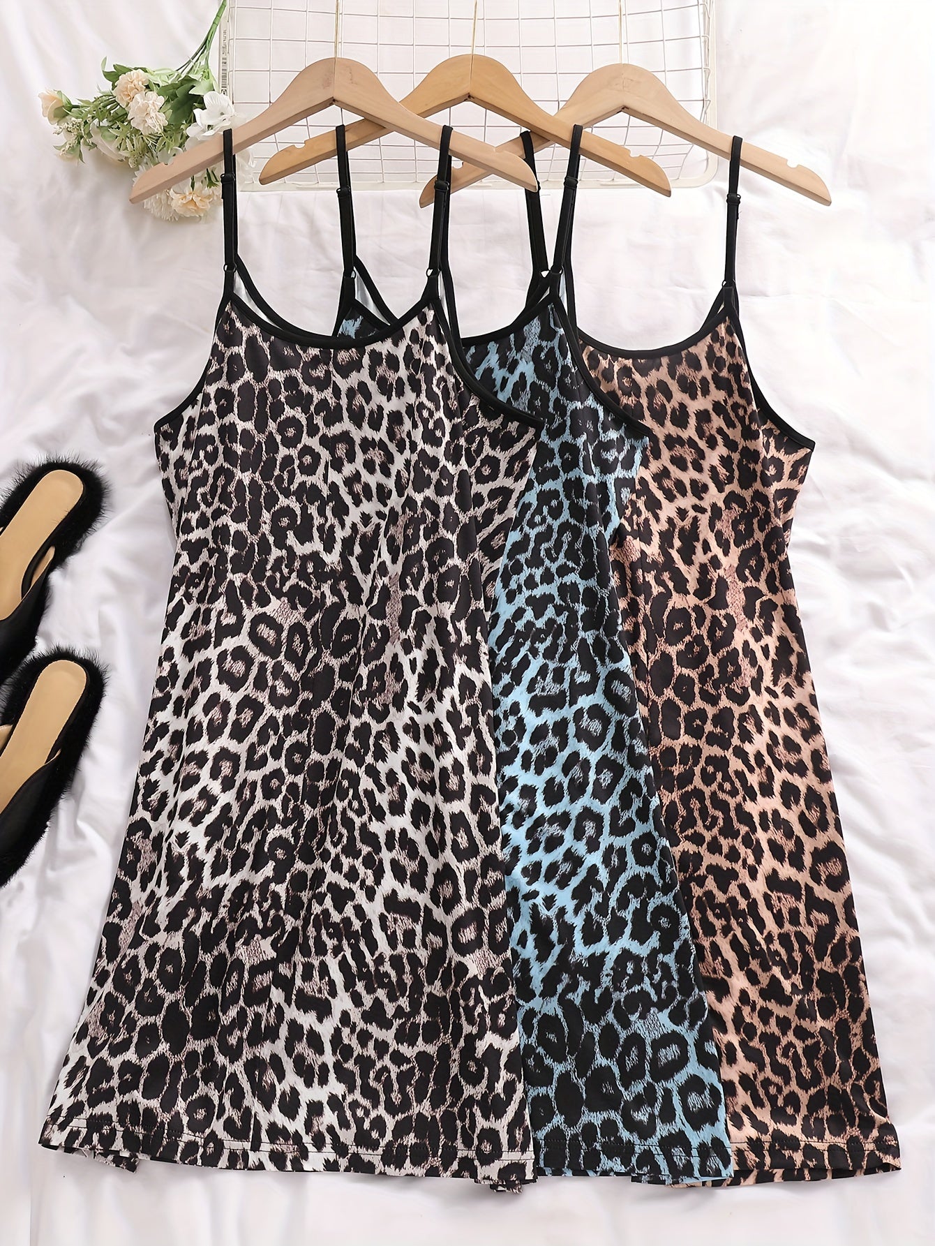 3 Pack Plus Size Sexy Nightdress Set Leopard Print Round Neck Contrast Trim