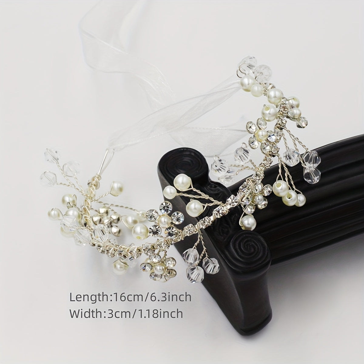 Faux Pearl Rhinestone Wristband Mesh Ribbon Bridal Wedding Accessory