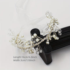 Faux Pearl Rhinestone Wristband Mesh Ribbon Bridal Wedding Accessory